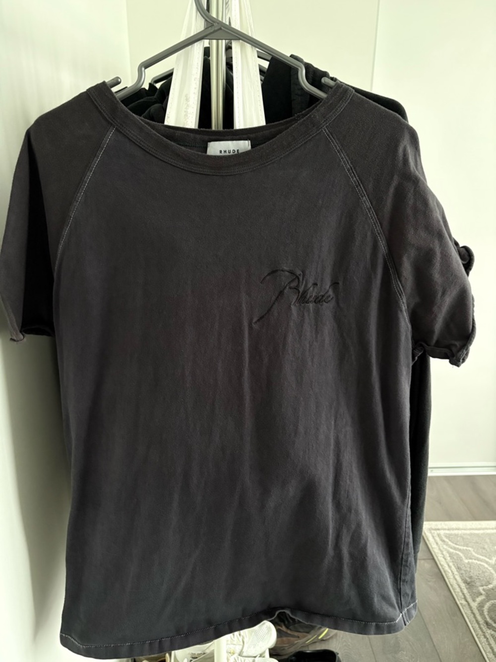Rhude Black Short-Sleeve Crewneck with Tonal Embroidered Logo